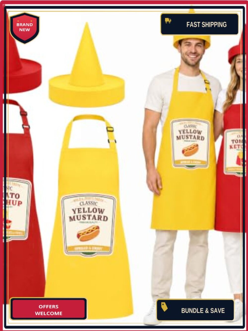 Adult Ketchup Mustard Costume Set 4 Pc Aprons Hats Halloween Party